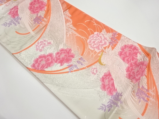 JAPANESE KIMONO / VINTAGE FUKURO OBI / WOVEN WAVY STRIPE & FLOWER & BIRD